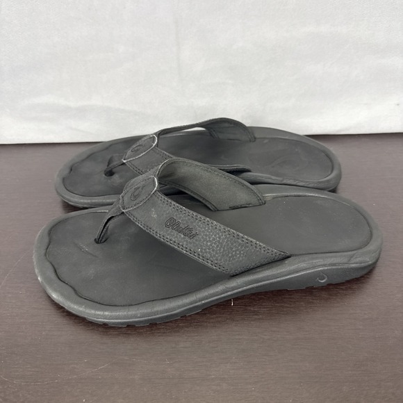 Olukai Ohana Sandals Women's Size‎ 8/8.5? Black Leather Rubber Flip Flops Summer - Picture 3 of 10